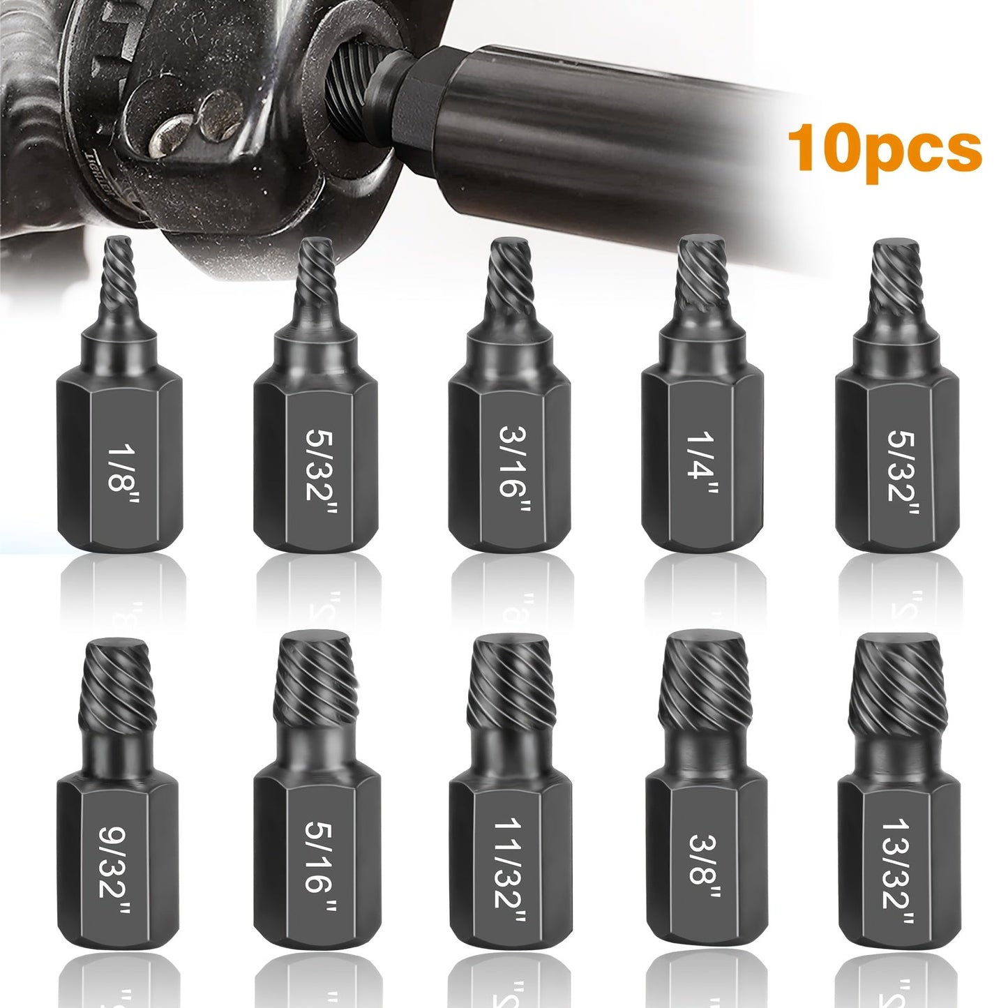 Ten-Piece Screw Extractor Set with Left-Hand Spiral Heads, Hex Drive Ends and Sizes from 1/8 to 13/32 Inch