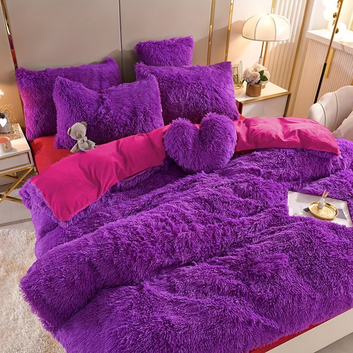 Plush Four-Piece Duvet Cover Set with Bed Sheet, Two Pillowcases, Queen or King Size and Eight Colors