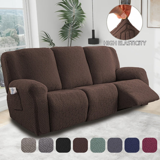 Slipcover Set, Eight-Piece Jacquard Stretch Cover for Three-Seat Recliner with Side Pocket in Nine Colors