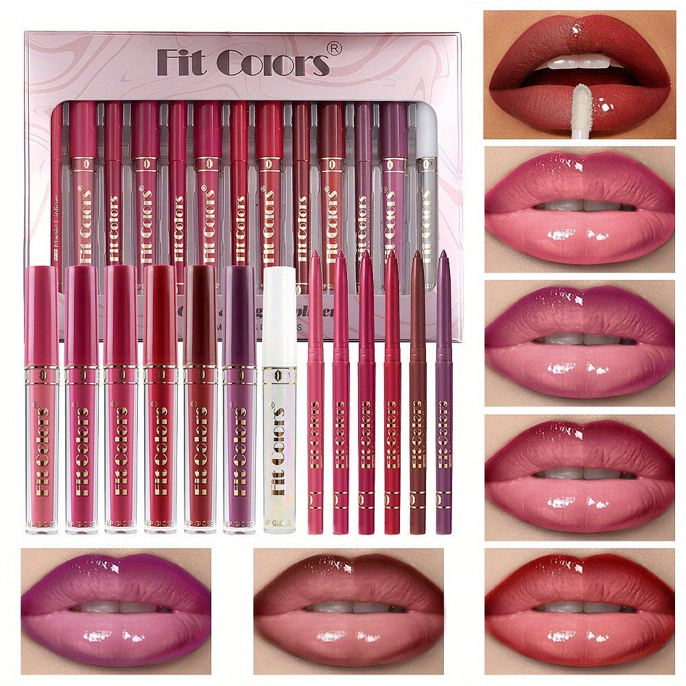 Lip Liner and Lip Gloss Kit 13 Piece Matte Non-Stick Waterproof Pigmented Long-Lasting Moisturizing Lip Glaze Combo Set for Defined Glossy Lips Women Girls