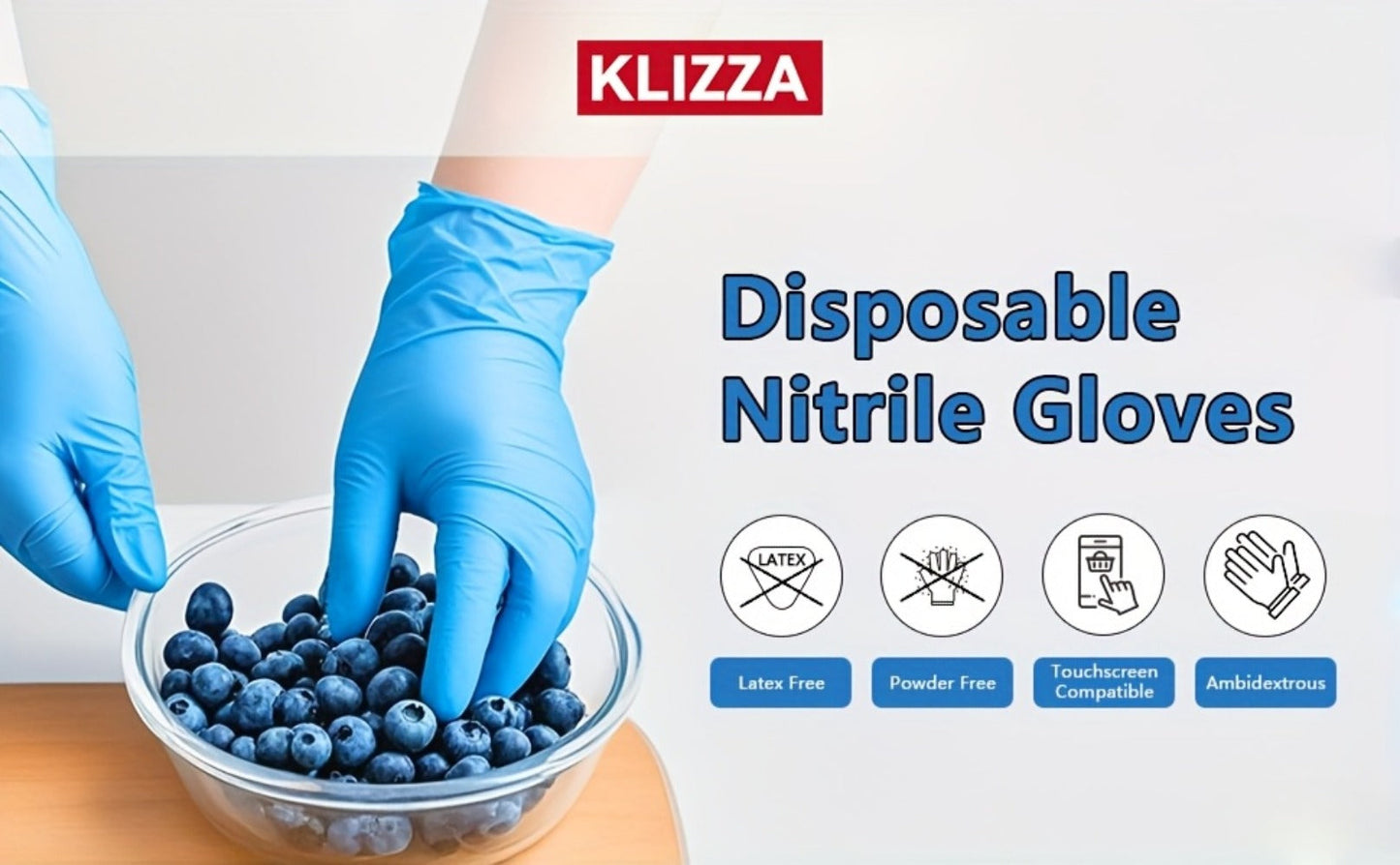 KLIZZA Blue Nitrile Disposable Gloves in 1000-Count Ten-Box Cases with Four Size Options from S to XL