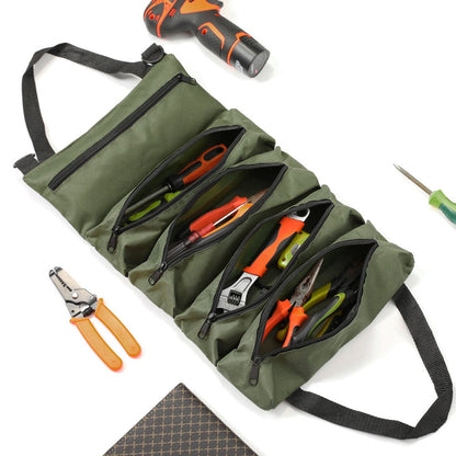 Collapsible Tool Roll Organizer Bag in Green or Black with Multiple Pockets and Carry Handles