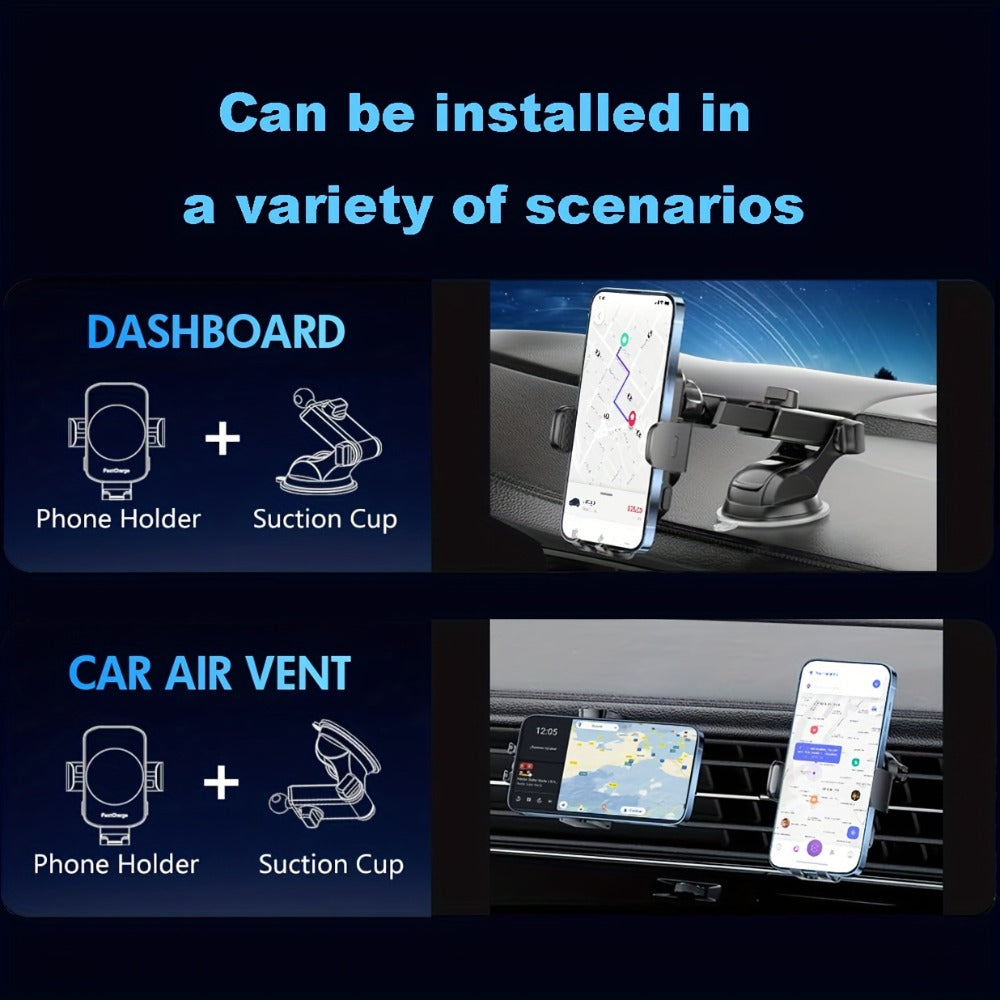 Brass-Tone Wireless Car Charger Mount with Side Clamps, Suction Base and Pictured Air-Vent Clip