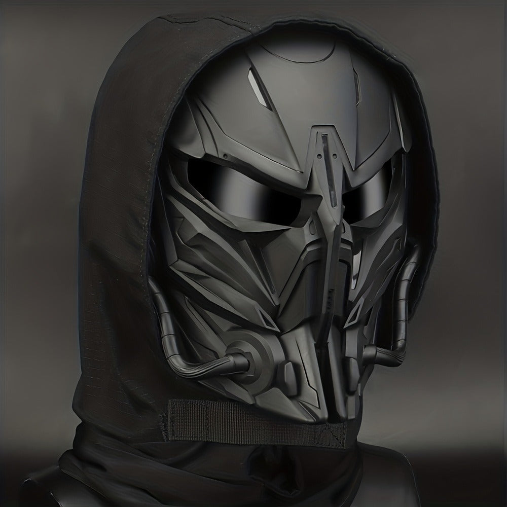 Silver-Plated Mechanical Costume Mask with Full-Face Sci-Fi Design and Sculpted Black Interior