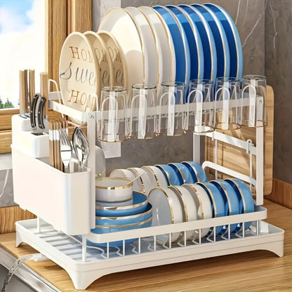 Two-Tier Dish Drying Rack with Rotating Drain Tray, Cup Holders and Black or White Frame Options