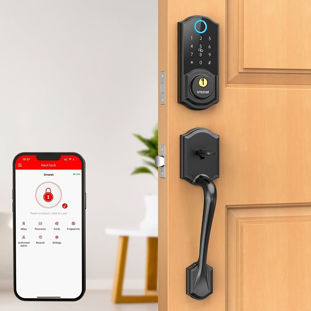Smart Door Lock SMONET Fingerprint Keypad Bluetooth Deadbolt Handle Set in Bronze Black or Silver
