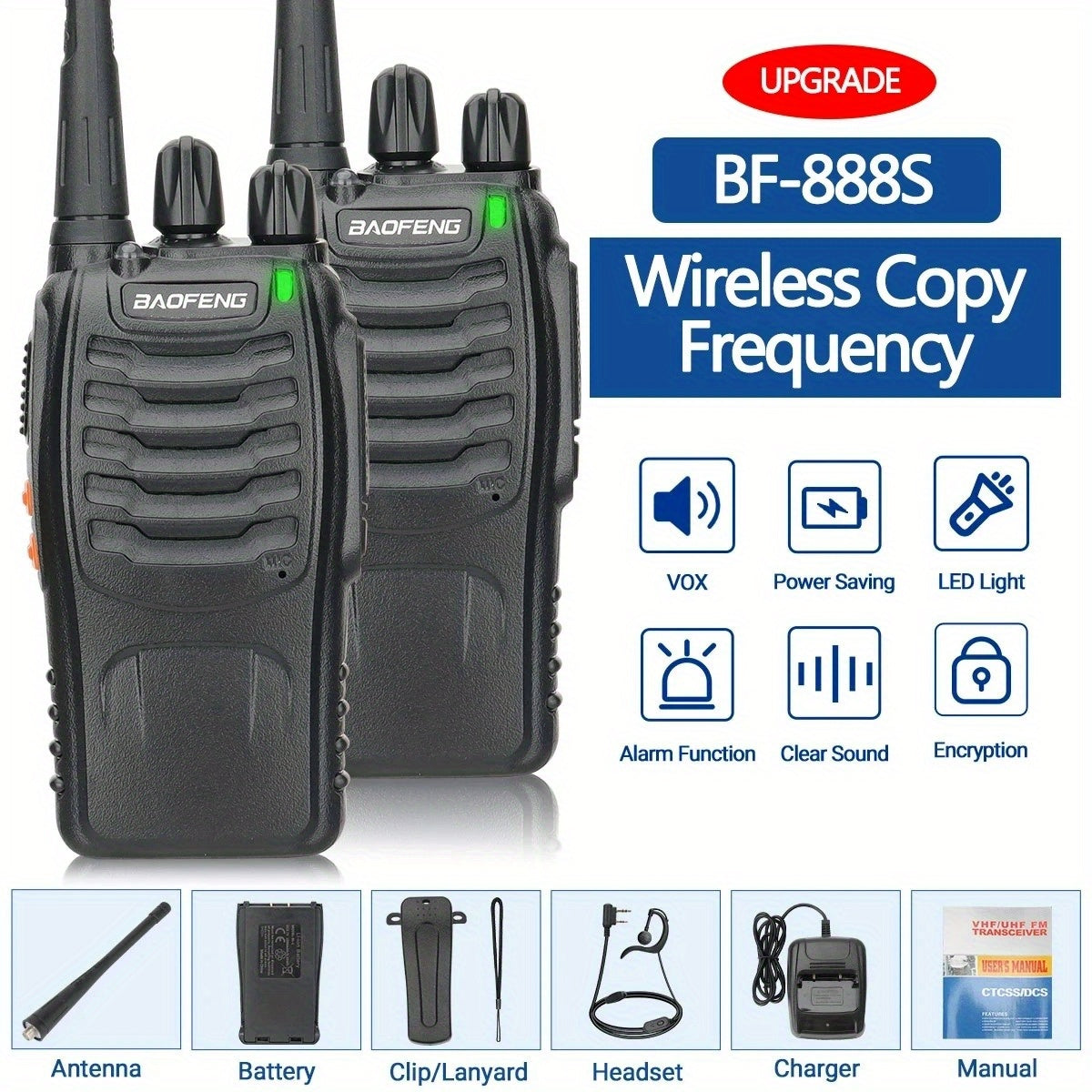 Baofeng BF-888S Walkie Talkie 2-Pack - Long Range UHF Two Way Radio, Wireless Frequency Copy, Portable Ham Radio for Hunting, Hiking, Camping & Emergency