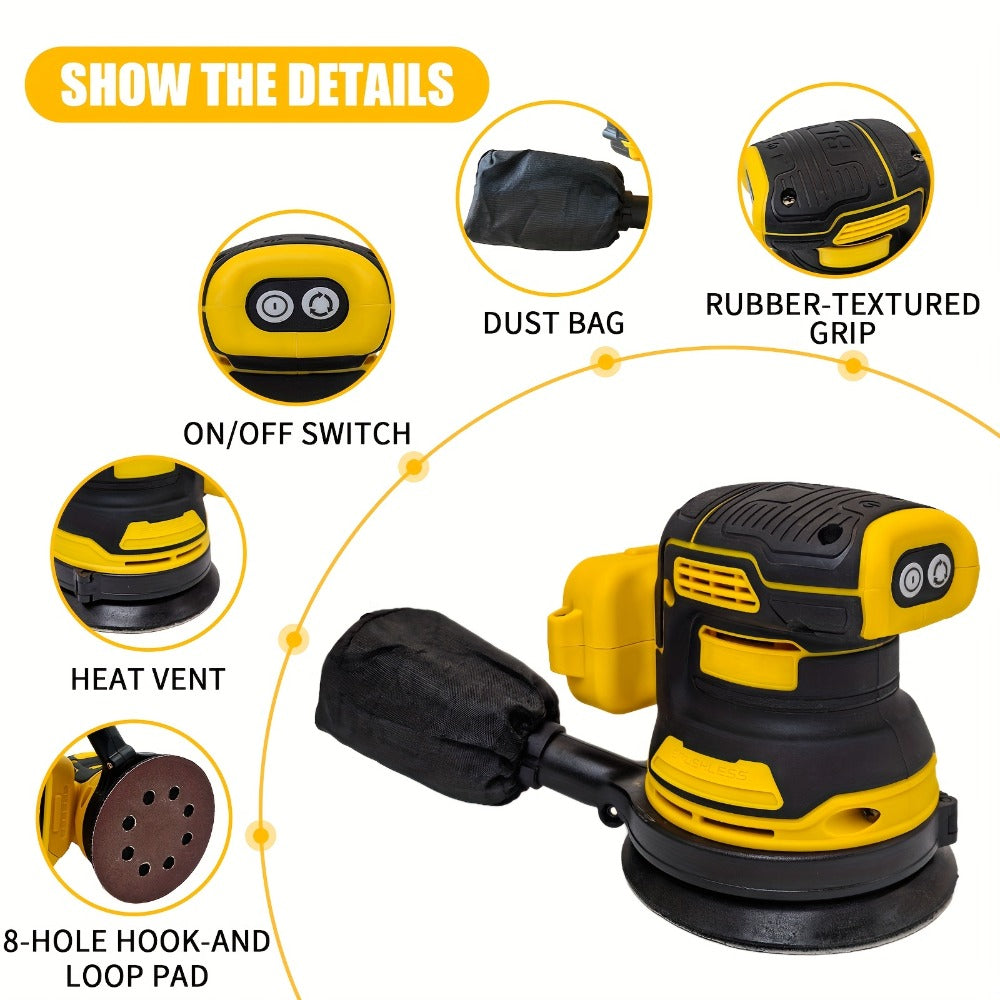 Cordless Orbital Sander Compatible with DeWalt DCB Battery – 5-Inch Brushless Motor Variable Speed Palm Sander with 30pcs Sandpapers & Dust Collection Bag for Woodworking