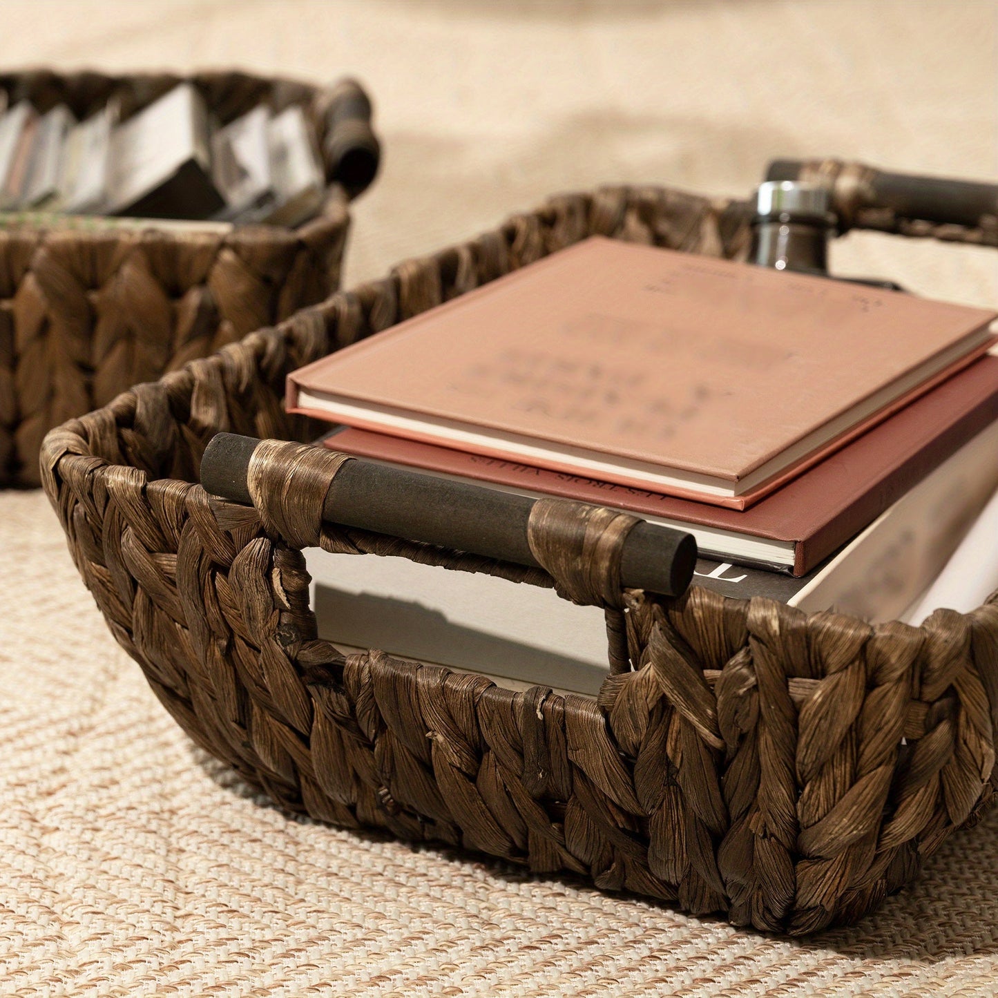 Water Hyacinth Woven Storage Baskets 2-Pack with Wooden Handles in Natural Seagrass Options