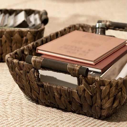 Woven Basket with Wooden Handles 2-Pack - Water Hyacinth & Seagrass Wicker Storage Baskets for Bathroom, Shelf, Kitchen & Bedroom Organizer, Boho Decor