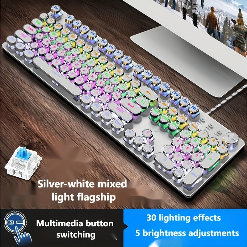 Mechanical Keyboard 104-Key Full-Size Wired USB Layout with Retro Round Keycaps, Backlighting and Control Knob