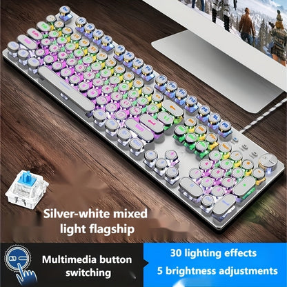 Mechanical Keyboard 104-Key Full-Size Wired USB Layout with Retro Round Keycaps, Backlighting and Control Knob