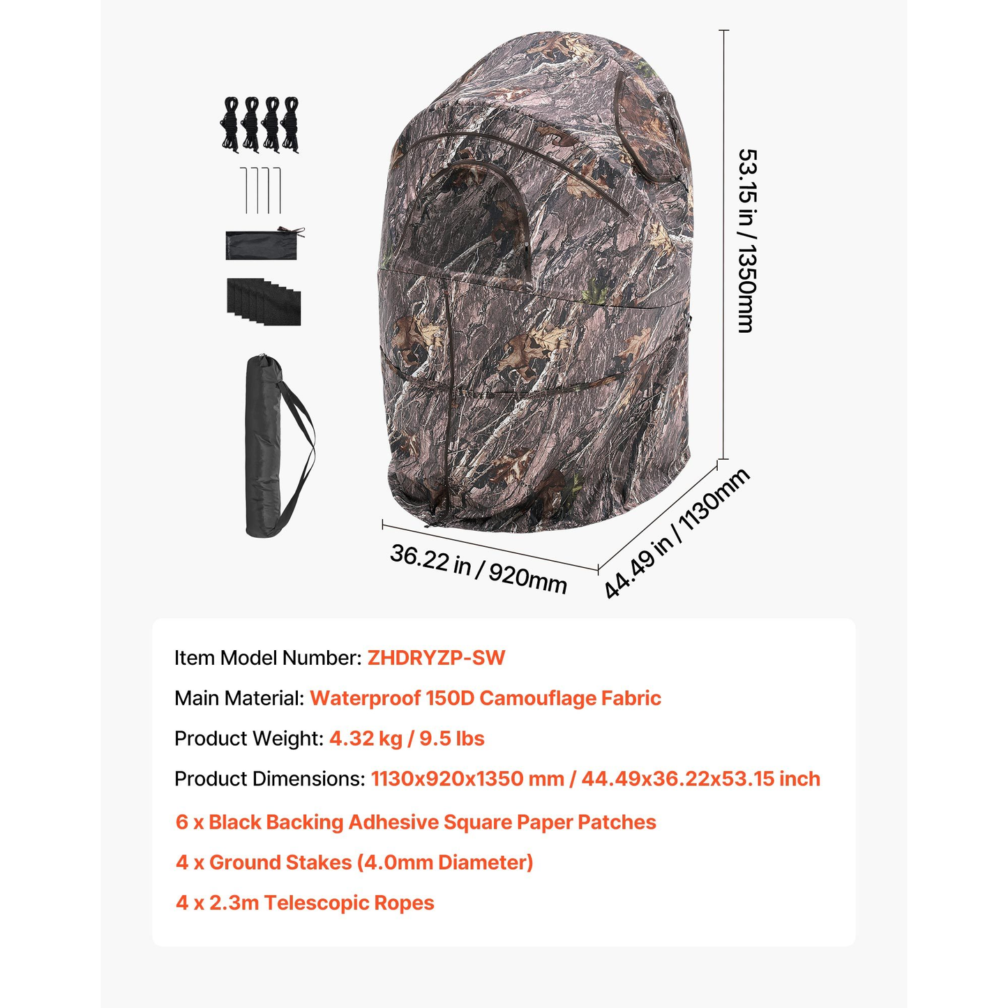 Hunting Blind Ground Blind for Deer Duck Turkey Hunting Single Person Pop Up Blind with Carrying Bag 44x36x53 In Camouflage Waterproof 150D Fabric Silent Half-Zipper Door