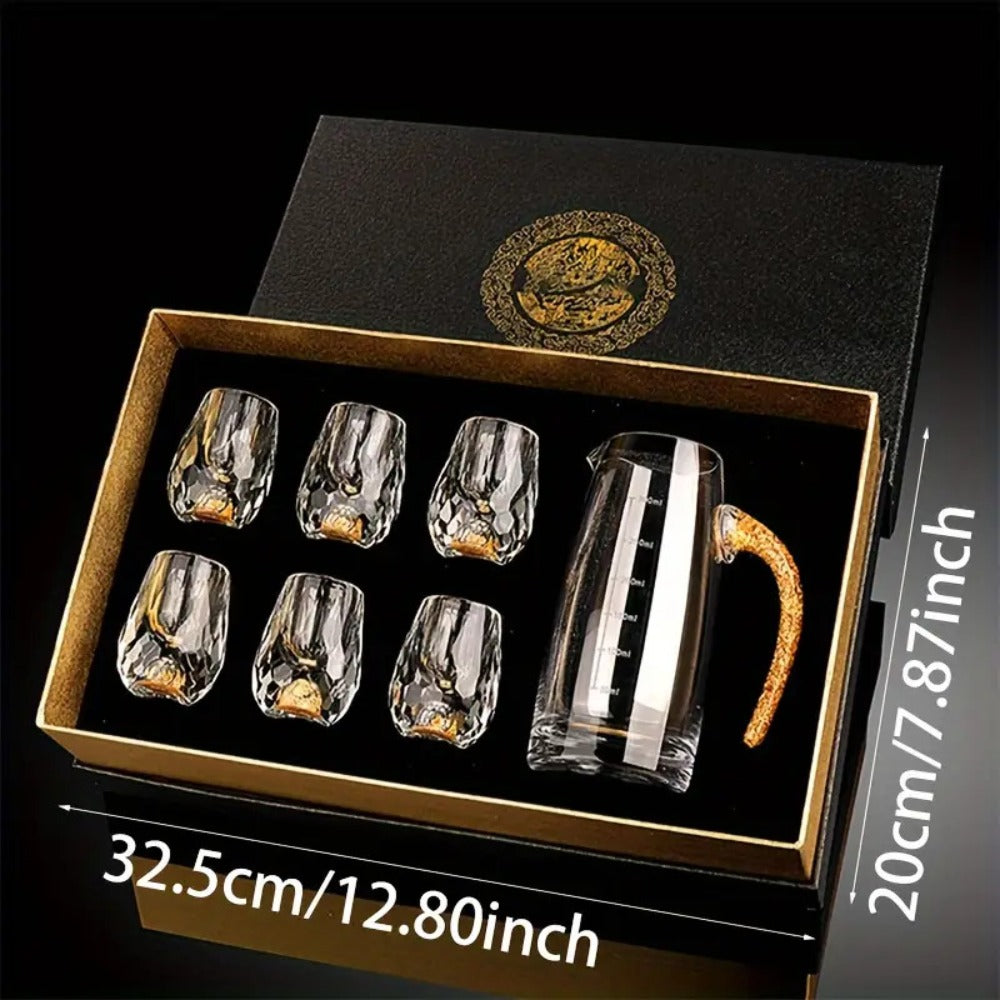 24K Gold Plated Crystal Wine Set – 1 Decanter & 6 Cups with Leakproof Crystal Glasses – Elegant Black Gift Box – Luxury Home Bar, Wedding & Party Gift for Wine Lovers