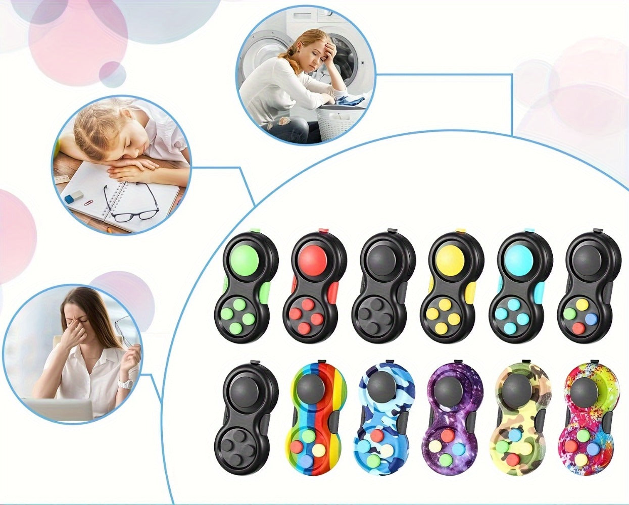 Three-Pack Handheld Fidget Controller Toys with Buttons, Roller and Five Multicolor Checkout Sets