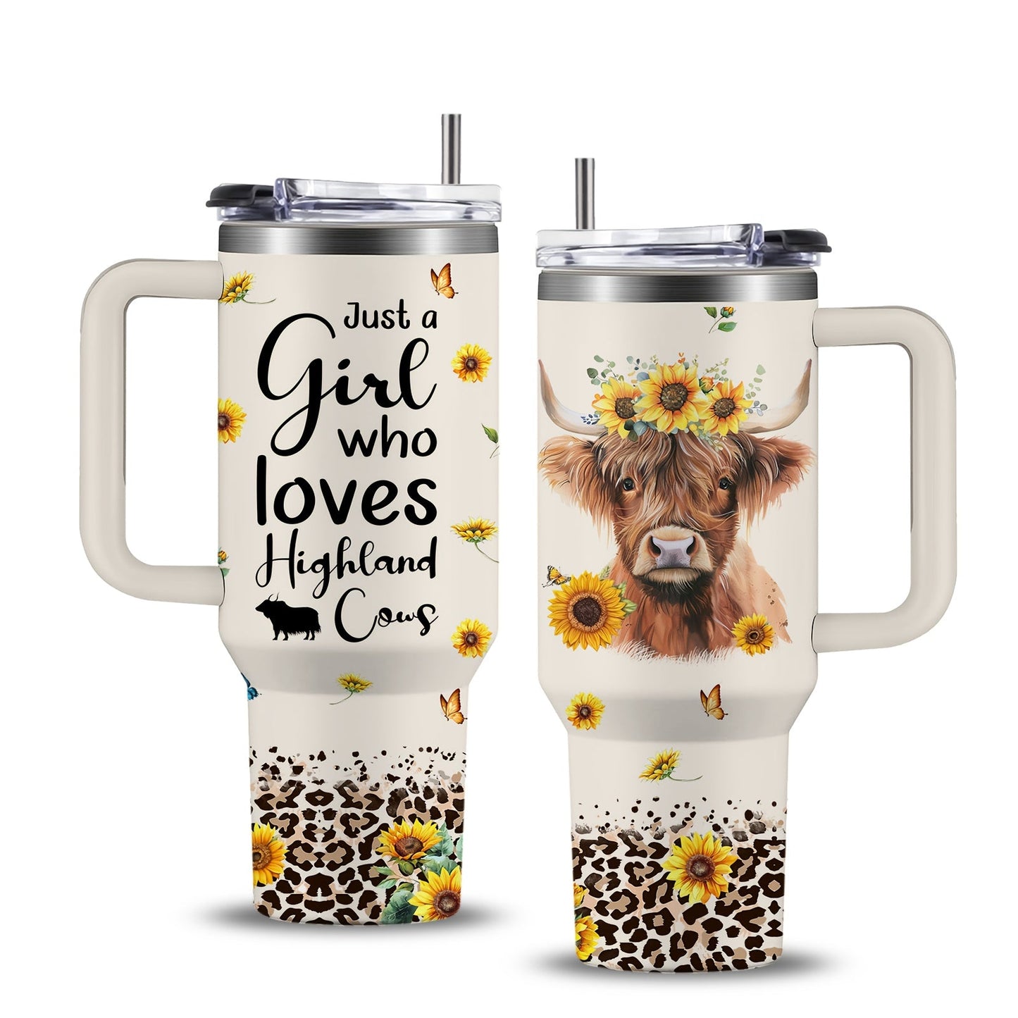 Insulated Tumbler 40oz Cow Print 304 Stainless Steel with Handle, Lid and Double-Wall Vacuum Design