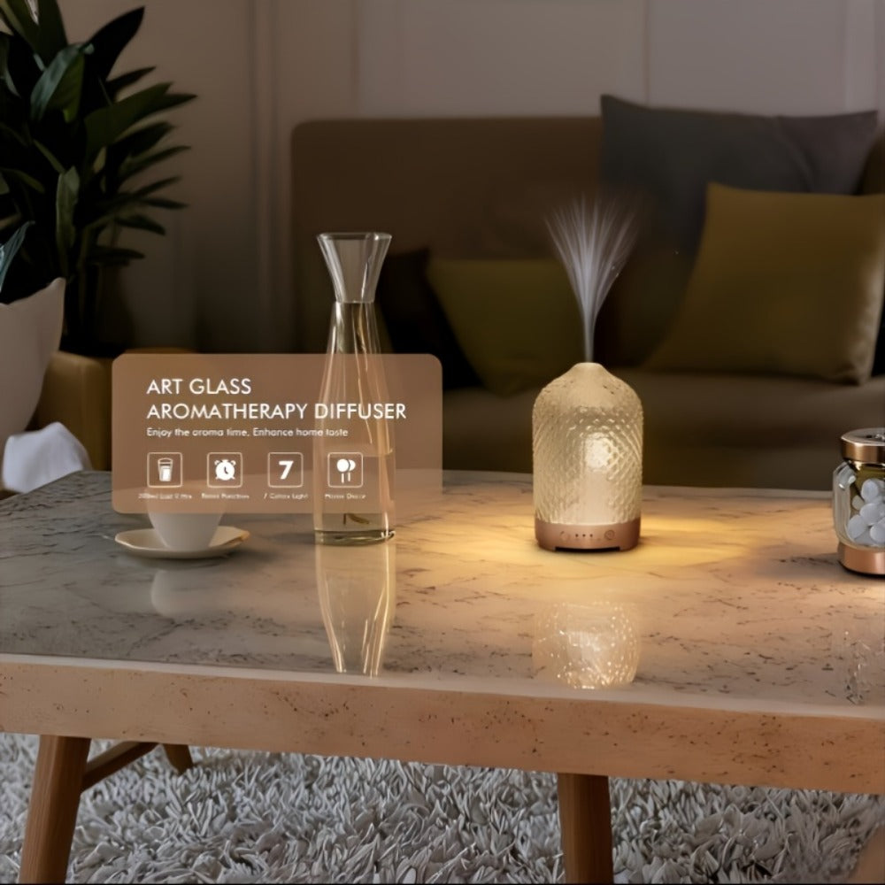 200ml Essential Oil Diffuser with Textured Glass-Style Cover, Seven-Color Light and 2H, 4H or 6H Timer