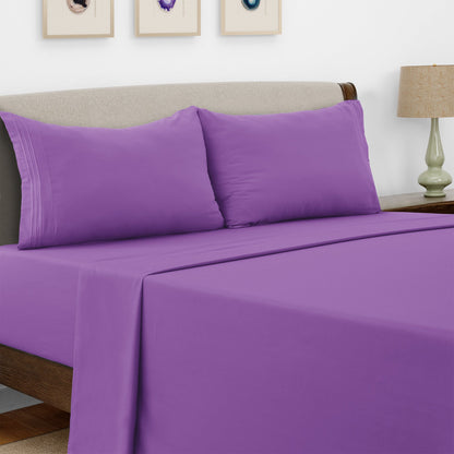 Bed Sheet Set Microfiber with Size-Dependent 3- or 4-Piece Contents and Six Documented Bed Dimensions