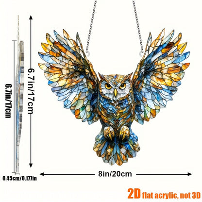 Owl Hanging Ornament Colorful Acrylic 6.7"x8", 2D Flat Animal Wall Art Decoration for Christmas Tree, Home, Office & Outdoor, Unique Birthday & Anniversary Gift for Her – Boho Bird Decor (1pc)