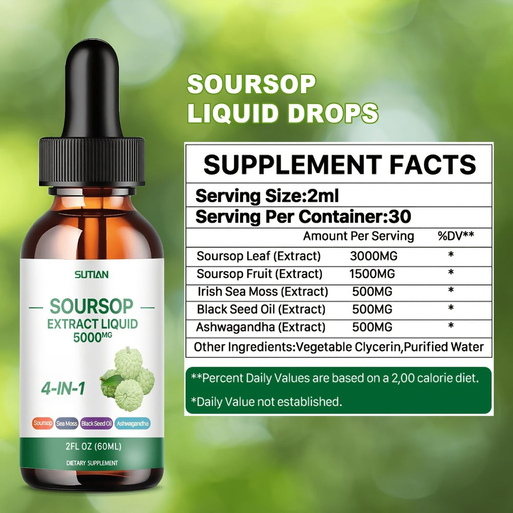 Dietary Supplement Soursop Liquid Drops with Black Seed Oil, Ashwagandha and Seaweed, 2 fl oz
