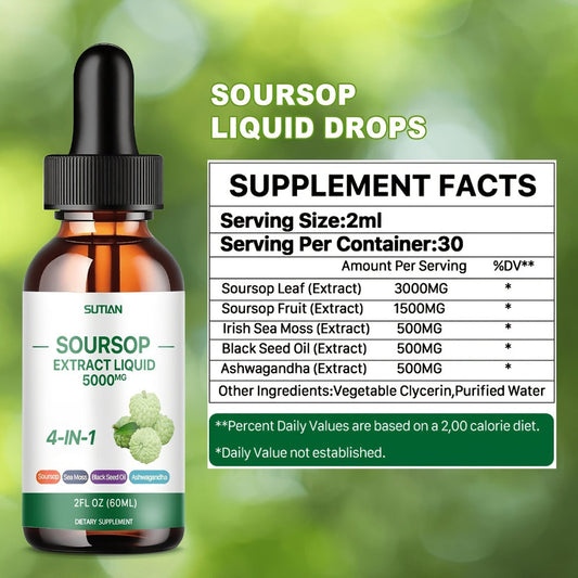 Dietary Supplement Soursop Liquid Drops with Black Seed Oil, Ashwagandha and Seaweed, 2 fl oz