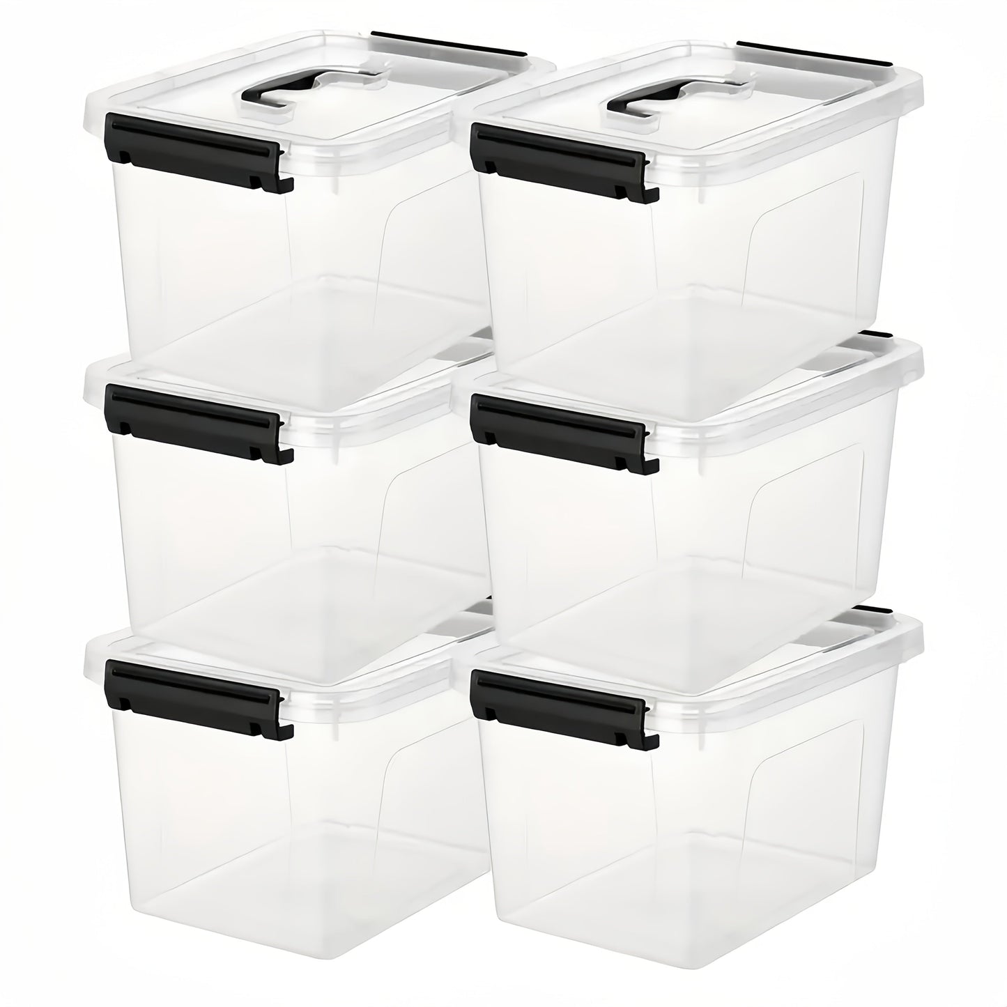 Six-Piece 6-Quart Clear Storage Box Set with Black Latches, Carry Handles and Stackable Lids