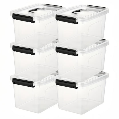 Six-Piece 6-Quart Clear Storage Box Set with Black Latches, Carry Handles and Stackable Lids