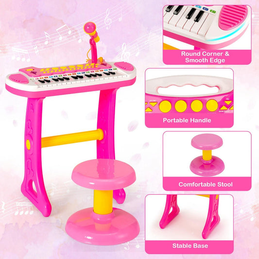 Kids Piano Keyboard Toy 31 Keys with Stool & Adjustable Microphone, Recording & Playback, Light Effects, Portable Electronic Music Instrument, Educational Gift for Boys & Girls Ages 3+, Pink