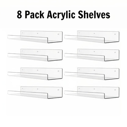 Clear Acrylic Wall Display Shelf Set in 15 x 4-Inch Size with 4, 8 or 16 Shelves and Mounting Hardware