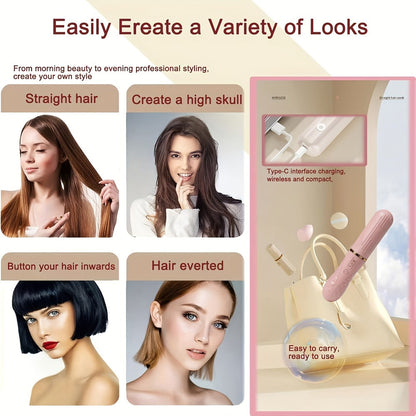 Cordless Hair Straightener Brush with USB-C Charging, Three Temperature Settings and Pink or Beige Finish