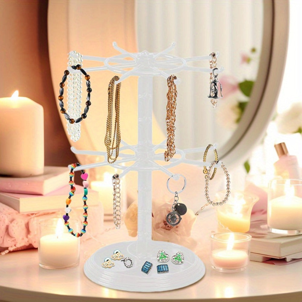 Rotating Jewelry Stand 2-Tier Black – Necklace Bracelet Earring Organizer Display Rack, Plastic Hanging Jewelry Tower for Dressing Table Counter, Keychain Holder, No Electricity Needed