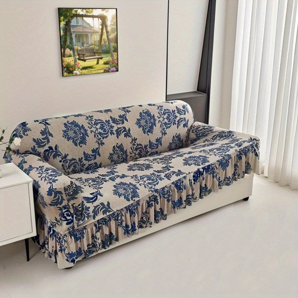 Sofa Slipcover, Dark Blue Stretch Cover with Ruffle Skirt, Fixed Rod and One-to-Four-Seat Options