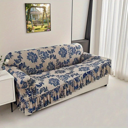 Sofa Slipcover, Dark Blue Stretch Cover with Ruffle Skirt, Fixed Rod and One-to-Four-Seat Options