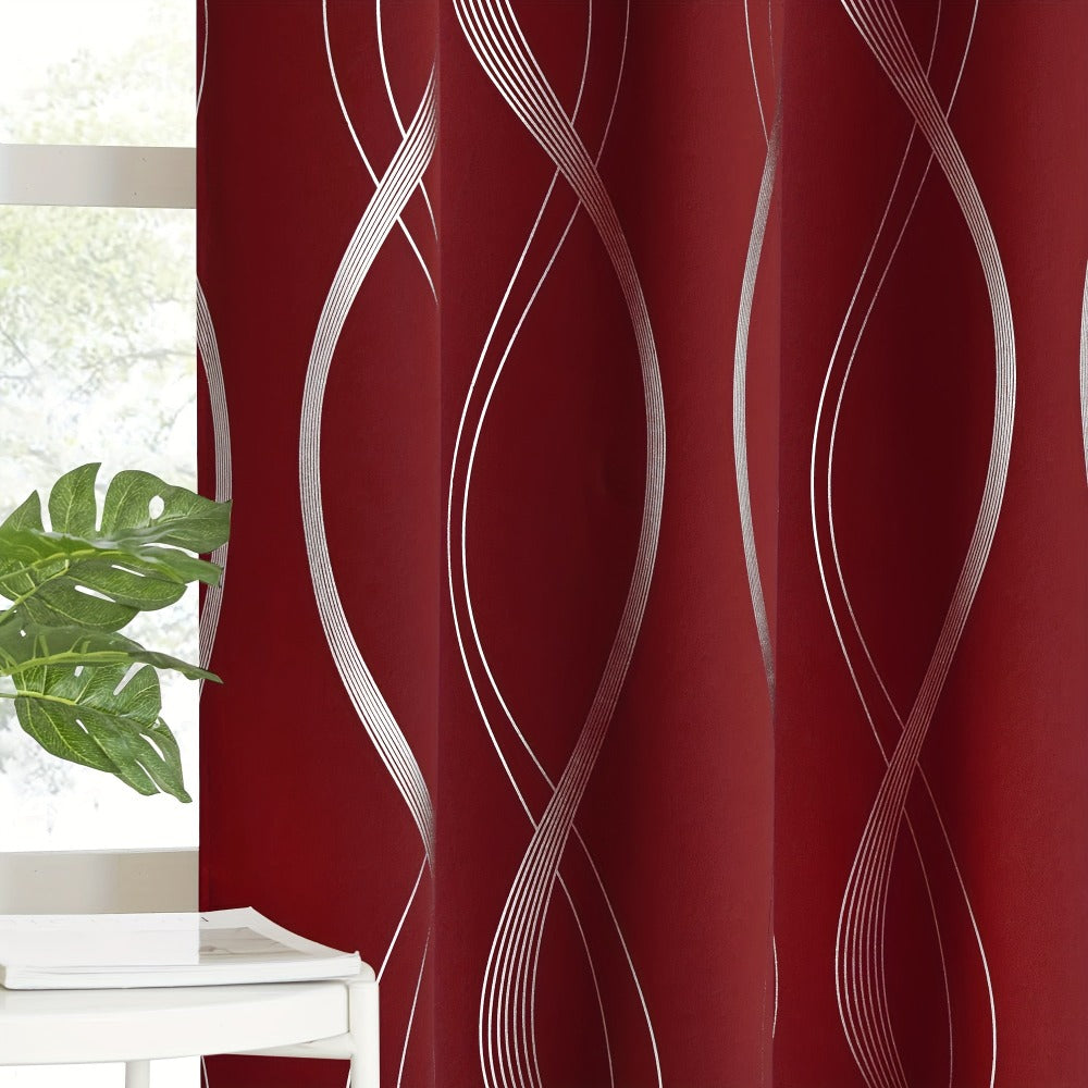Two-Panel Wave-Line Foil Print Blackout Curtains in 10 Colors with 42- or 52-Inch Width Options