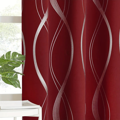 Two-Panel Wave-Line Foil Print Blackout Curtains in 10 Colors with 42- or 52-Inch Width Options