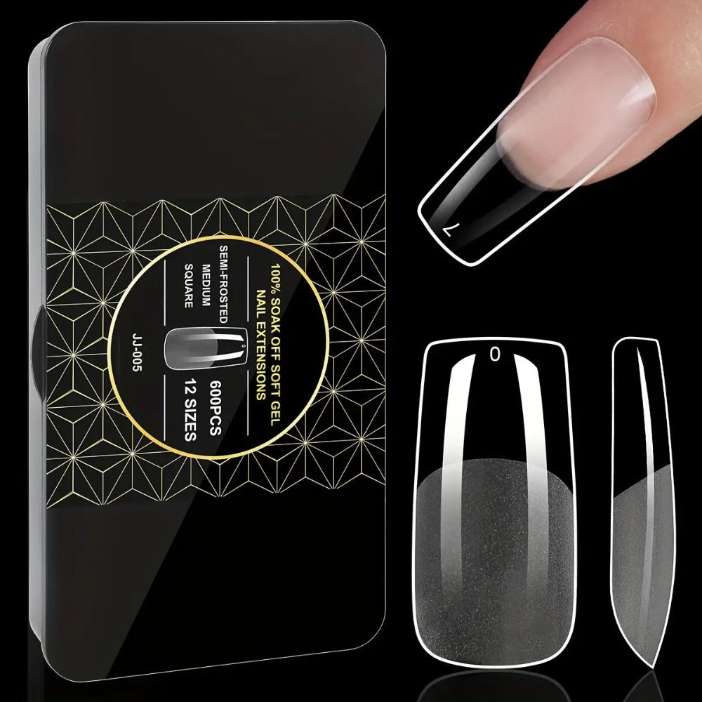 Clear Full-Cover Nail Tips, 600-Piece Set in Nine Almond, Oval, Stiletto, Coffin and Square Length Options
