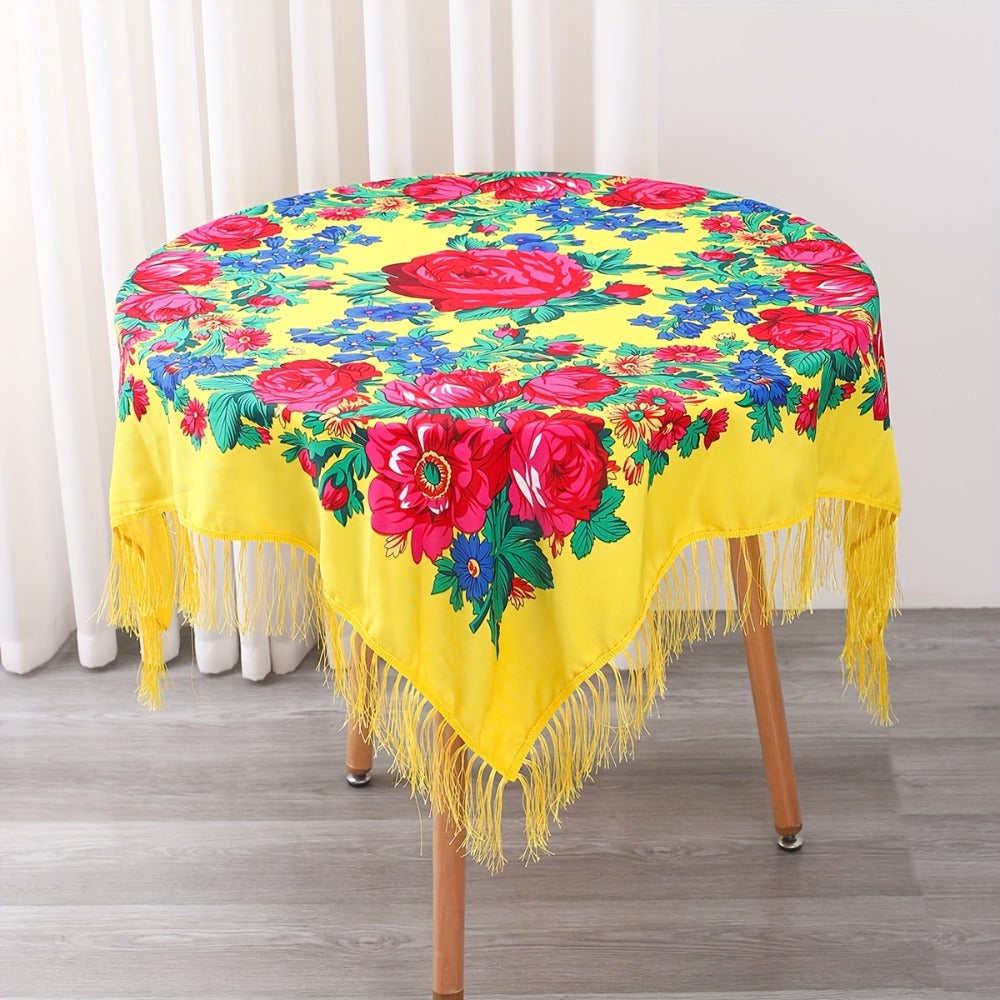 Tablecloth Square 53-Inch Floral Cover with Tassel Trim, Polyester Fabric and Six Color Options
