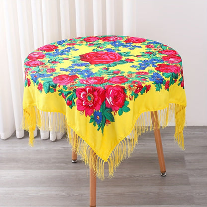 Tablecloth Square 53-Inch Floral Cover with Tassel Trim, Polyester Fabric and Six Color Options