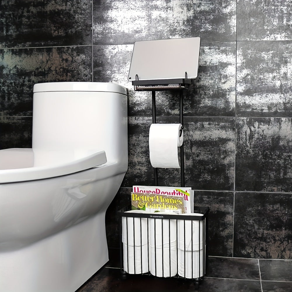 Freestanding Toilet Paper Holder with Rectangular Six-Roll Storage Basket, Upper Shelf and Pack Options