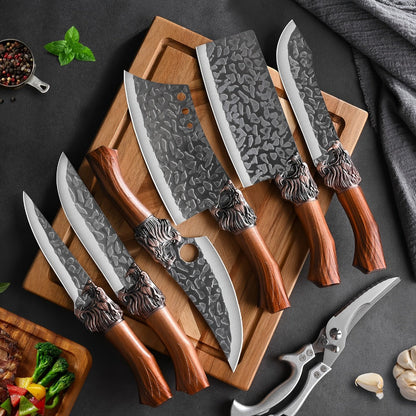 Multi-Piece Kitchen Knife Set with Stainless Steel Labels in Black Three-Piece or Brown Seven-Piece Options