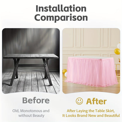 Pink Tutu Table Skirt 6ft – Ruffle Tulle Table Skirt for Rectangle & Round Tables, Princess Girls Birthday Party, Cake Dessert Table Decor, Gold Brim, Multiple Colors Available