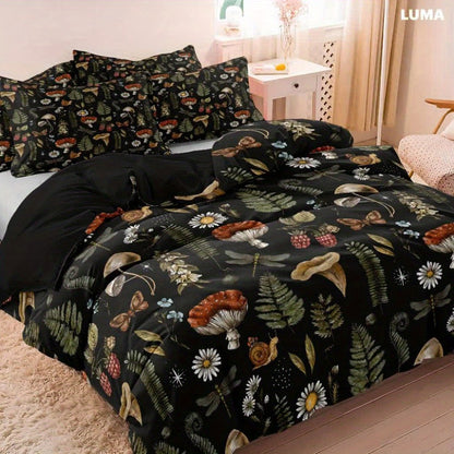 3-Piece Duvet Cover Set with Forest Mushroom and Leaf Print, Zipper Closure and Twin to King Sizes