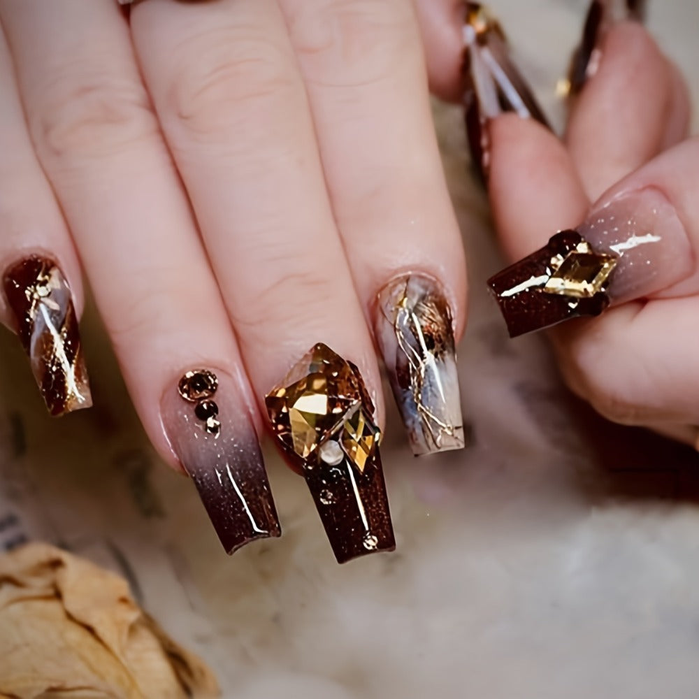 Press On Nails 144-Piece Medium Coffin Set with Blue Marble, Sequins and Included Nail Glue