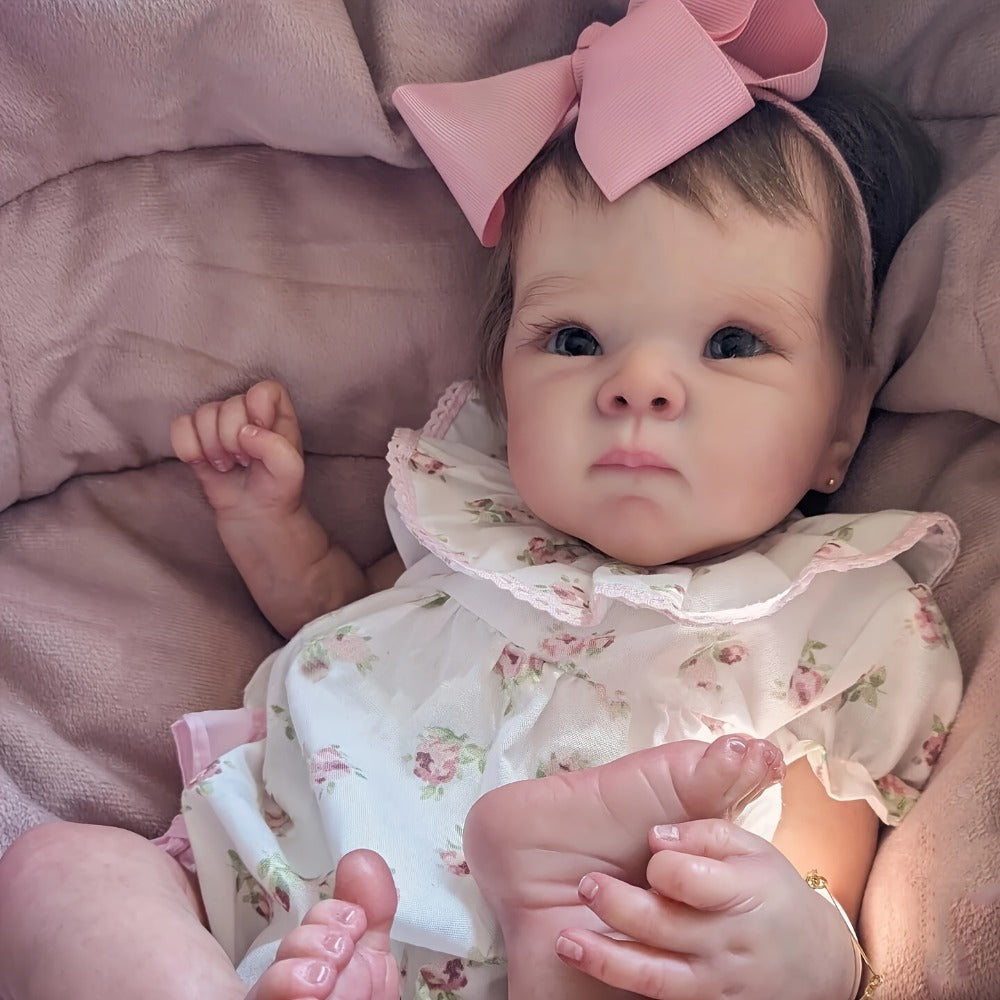 Reborn Baby Doll 18-Inch Cloth Body with Rooted Brown Hair, Open Eyes and One- or Two-Outfit Options