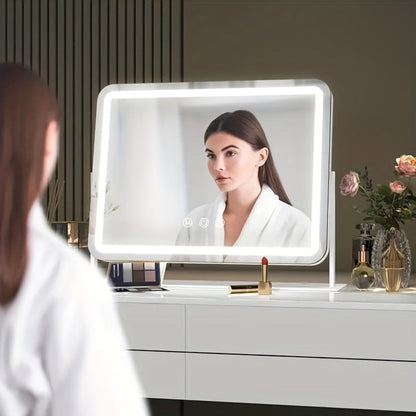 Makeup Mirror Rectangular LED Vanity Stand with 5X Detail Mirror, Three Light Colors, Touch Dimming and 360° Rotation