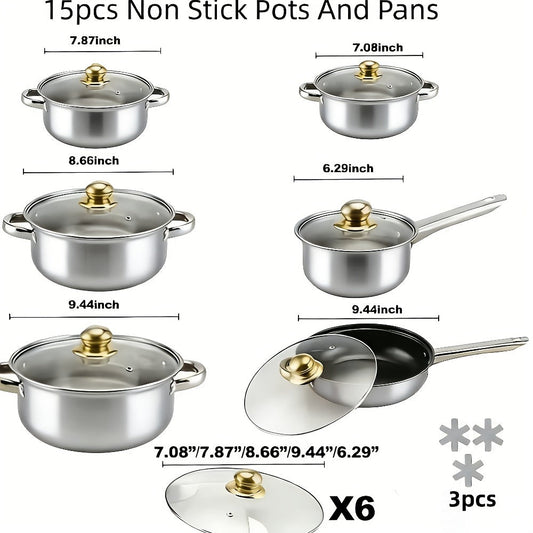 Cookware Set, 10-, 12- or 15-Piece Stainless Steel Deep Pots with Glass Lids, Double Handles and Three Finishes