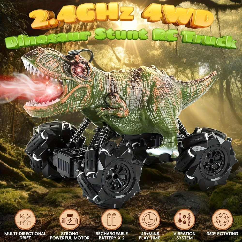 Spray Mist RC Monster Truck Dinosaur with Side-to-Side Drift LED Lights & Sound Effects – All-Terrain Stunt Remote Control Car for Kids Ages 6+ Birthday Easter Gift w/ or w/o Spray