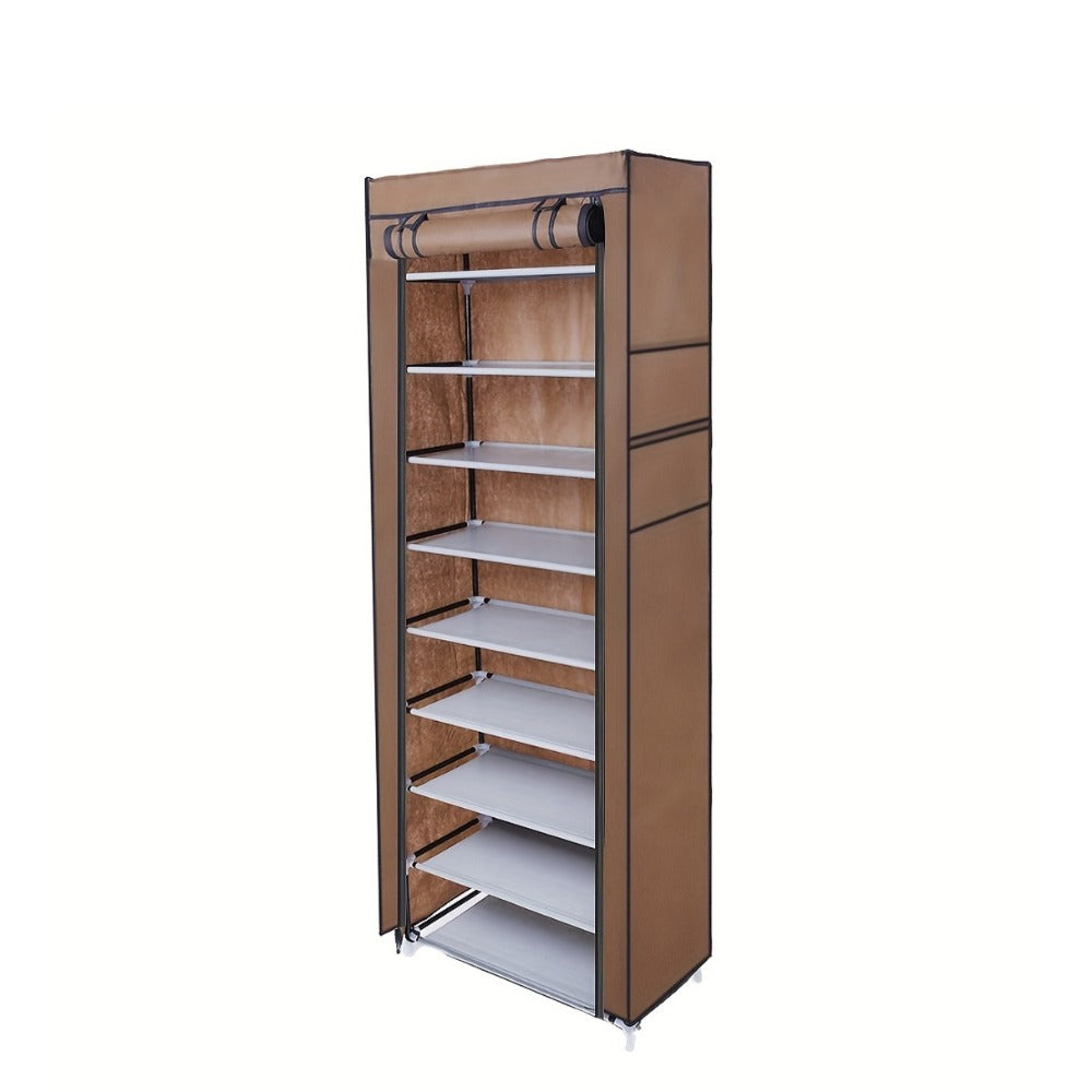 Shoe Rack with Dustproof Cover 10 Layers 9 Cubbies – Large Capacity Non-Woven Shoe Organizer for Entryway, Closet & Bedroom – Space-Saving Steel Frame Shoe Shelf, Easy Assembly