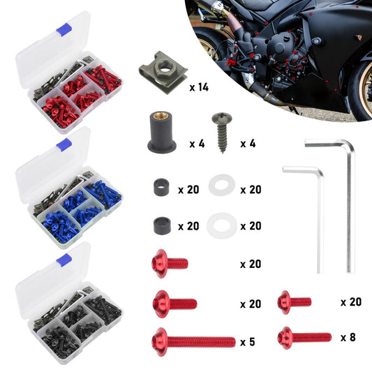 Motorcycle Fairing Bolt Kit 177-Piece CNC Anodized Aluminum Screws for Fairings Windshield Fuel Tank Body Panels - Universal Fit Red Blue Black