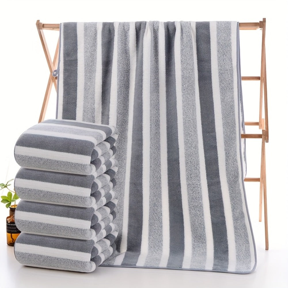 Bath Towels Set 1 or 4 Pack 346GSM Polyester Striped Towels 70 x 140cm in Four Colors for Home and Guest Use